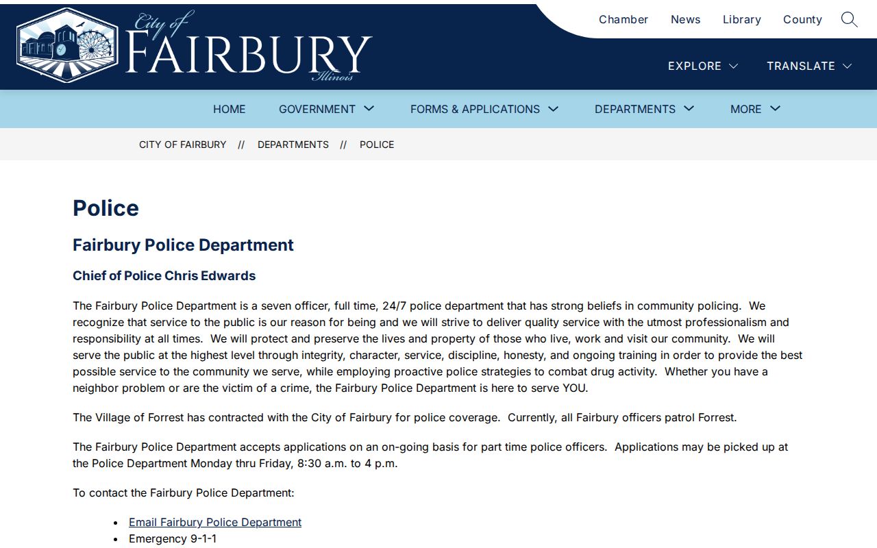 Official Fairbury Police Department page for Livingston County arrest records