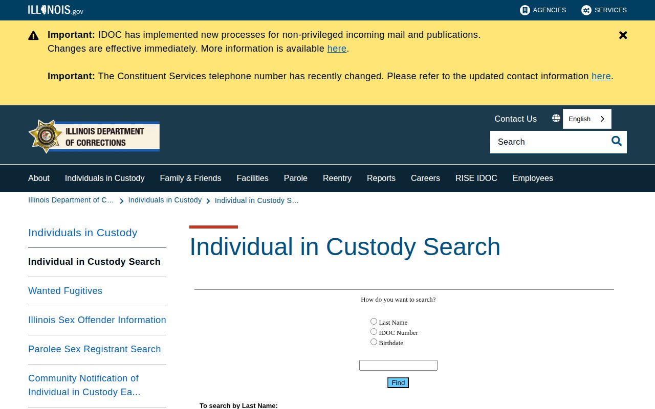 Illinois DOC offender search form for Livingston County state custody records
